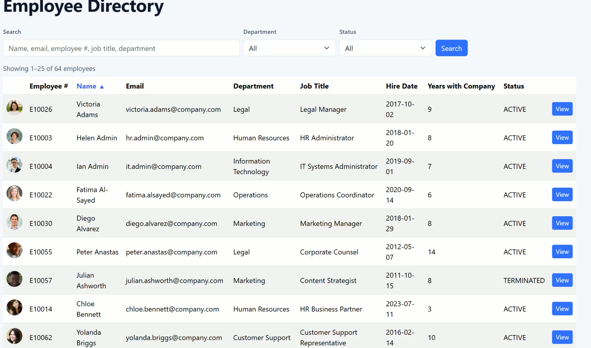 Employee HR Profile proof of concept: employee directory with search, department and status filters, sortable columns, and employee rows showing photo, employee number, email, department, job title, hire date, tenure, and employment status